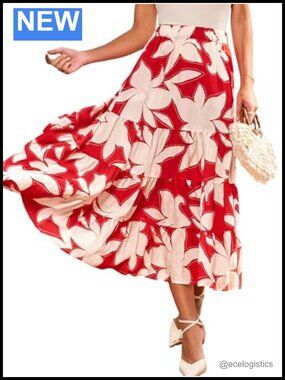 Boho Maxi Skirt High Waisted Pleated Flowy Long Skirt